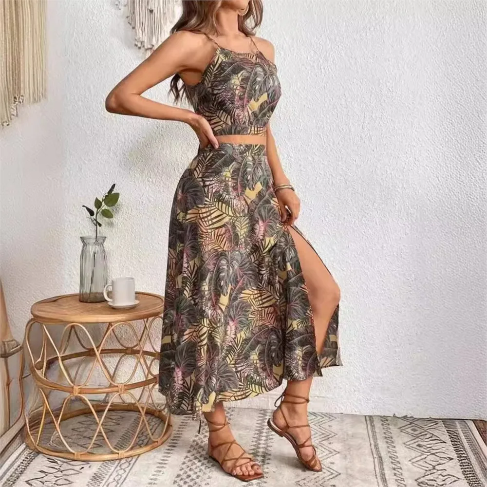 For Women\'s Summer Print Halter Dress Suit Fashion Sexy Split Dress Slim Elegant Women\'s Office Party Skirt Set