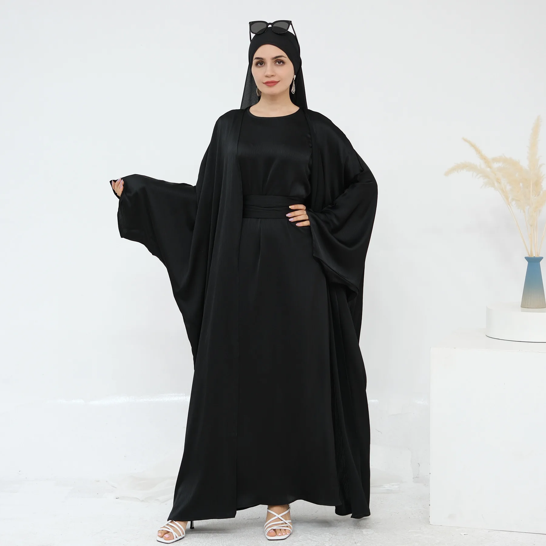 Conjunto de 2 piezas a juego Abaya abierto liso musulmán mujeres cárdigan vestido interior traje Dubai Kaftan árabe islámico bata Ramadán Kimono vestido