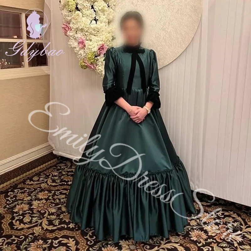 Customized Satin Flower Girl Dress For Wedding Dark Green High Neck Pleated Elegant Birthday First Communion Bridesmaid Gown