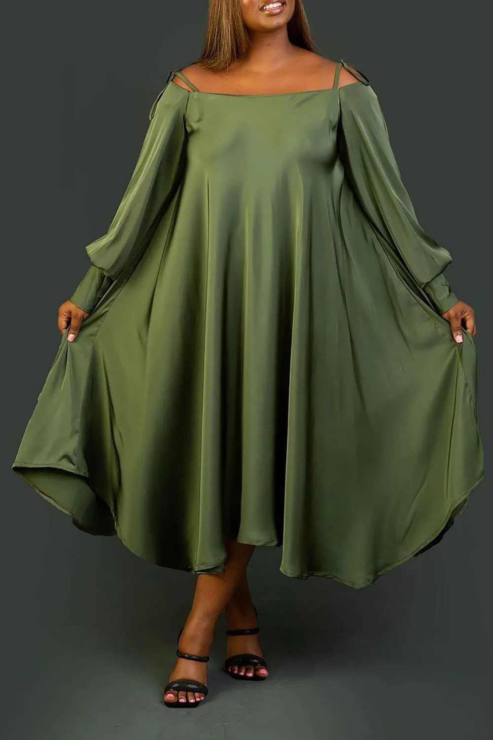 

Plus Size Daily Midi Dresses Elegant Emerald Green Midi Fall Winter Off The Shoulder Long Sleeve Cut Out Satin Midi Dresses