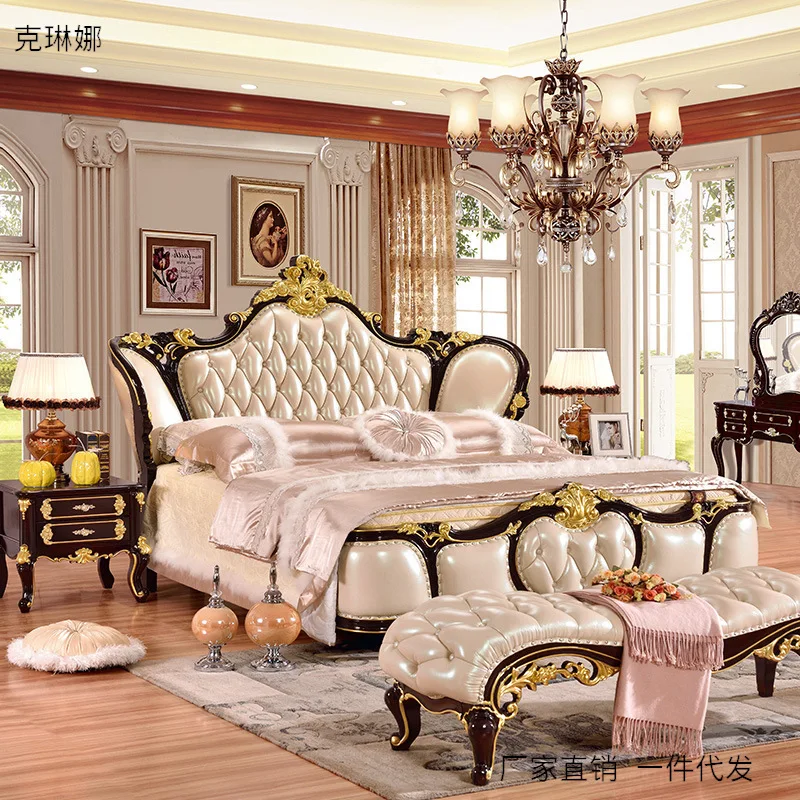 European bed American oak carved first layer leather 1.8 meters master bedroom leather bed solid wood double bed