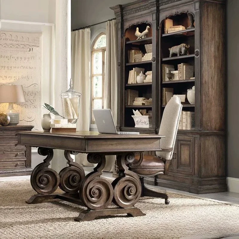 Solid wood desk, American oak retro carved computer desk, study student writing desk
