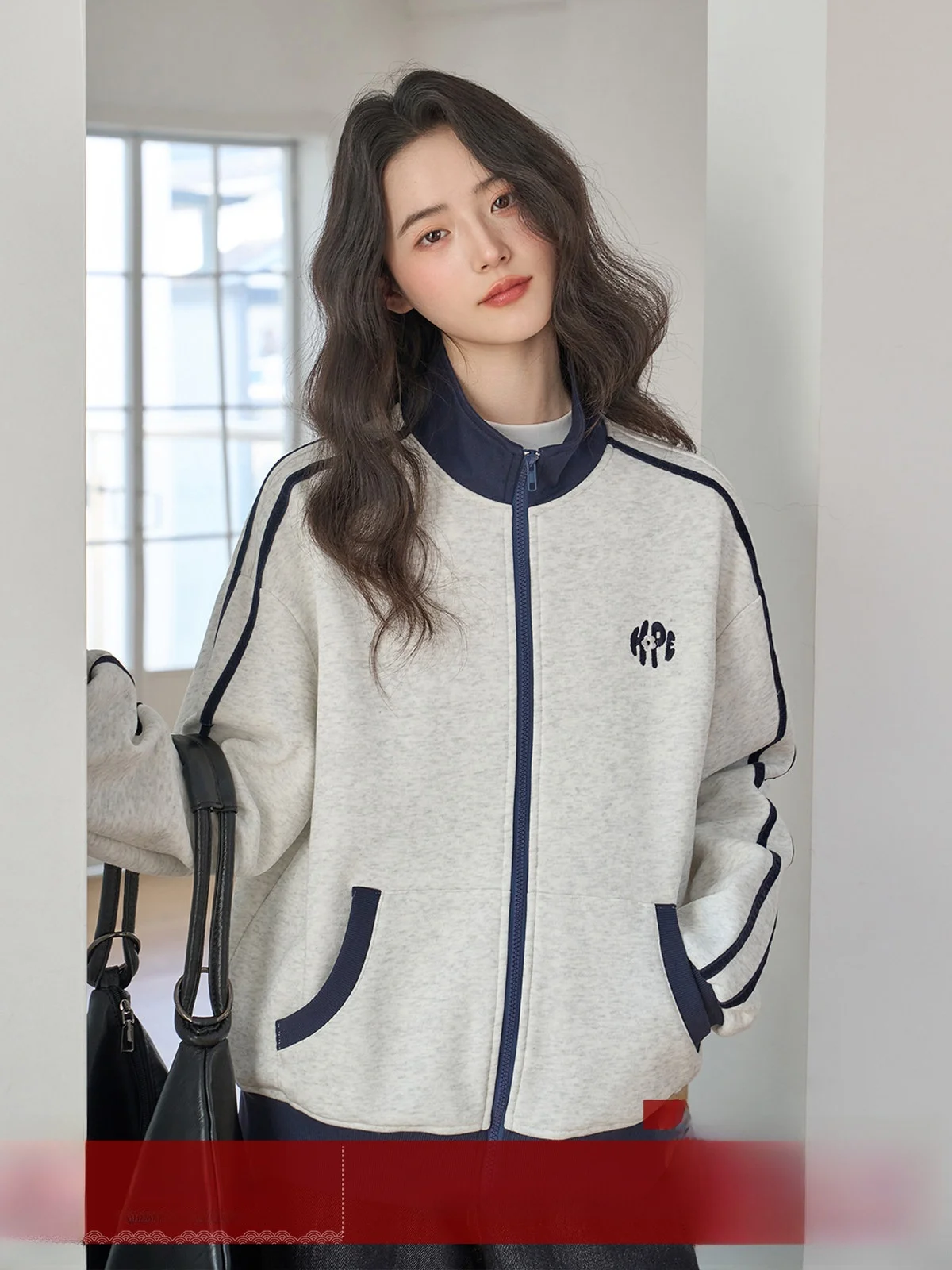 

Женский свободный кардиган MoZa с воротником на молнии, на флисовой подкладке, с вышивкой, для зимы