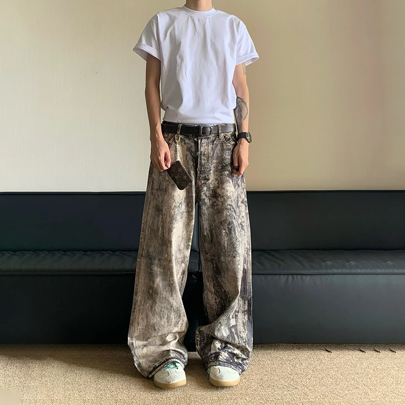 WTHT ファッションメンズ迷彩プリントハイストリートデニムパンツヴィンテージトレンディなルーズワイドレッグストレートジーンズ男性夏 2A0138