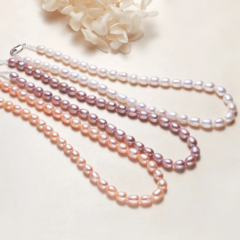 

8-9mm Rice Shape Natural Freshwater Pearl Necklaces for Women White Pink Purple Color 43cm Length Necklaces Jewelry Gift