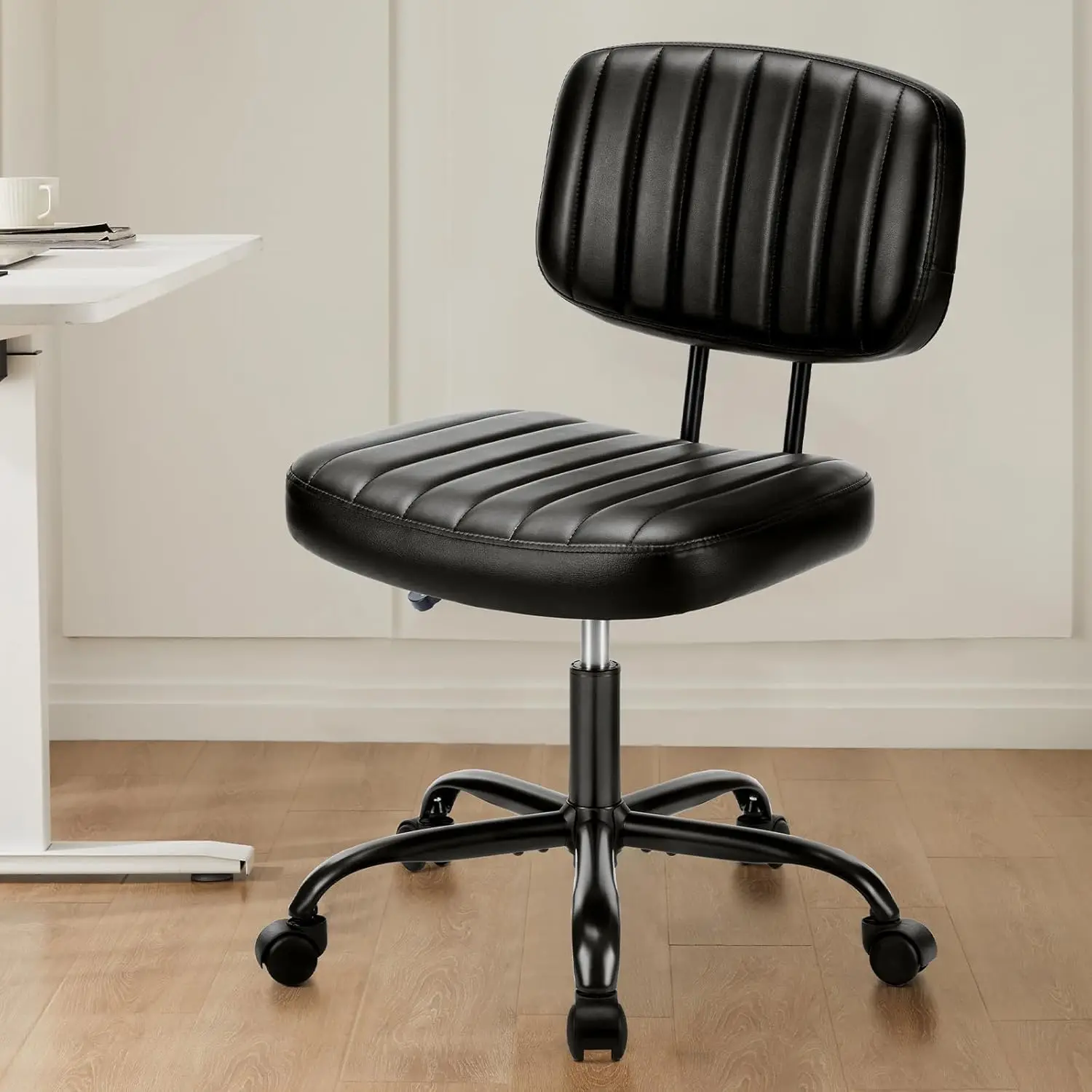 

Small Office Desk Chair - Armless PU Leather with Comfy Lumbar Support