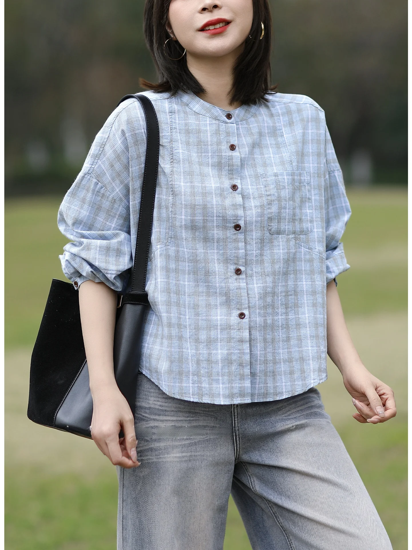 

Loose Fit Plaid Long Sleeve Shirt Jacket Women's Casual Style Spring 2026 Breathable Comfortable Skin-Friendly round Neck