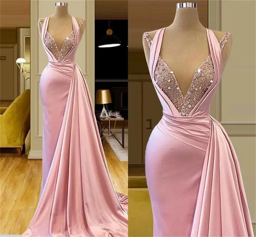 Vkiss Pink Elegant Mermaid Evening Dresses Luxury Beaded Sequins Sleeveless High Quality Prom Dress Custom Made فساتين السهرة