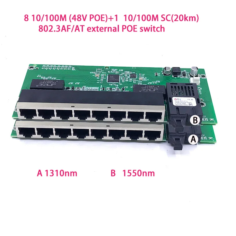 Protocolo estándar 802.3AF/AT 48V POE OUT/48V poe switch 8 10/100 mbps POE poort;1 10/100 mbps SC 20KM poe switch