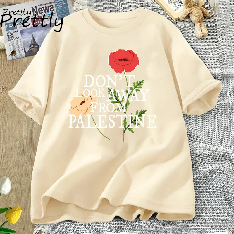 Don\'t Look Away From Palestine Flag T-shirts Flowers Design T Shirt Women\'s Cotton T-shirt Summer Short Sleeve Tee Women Clothes