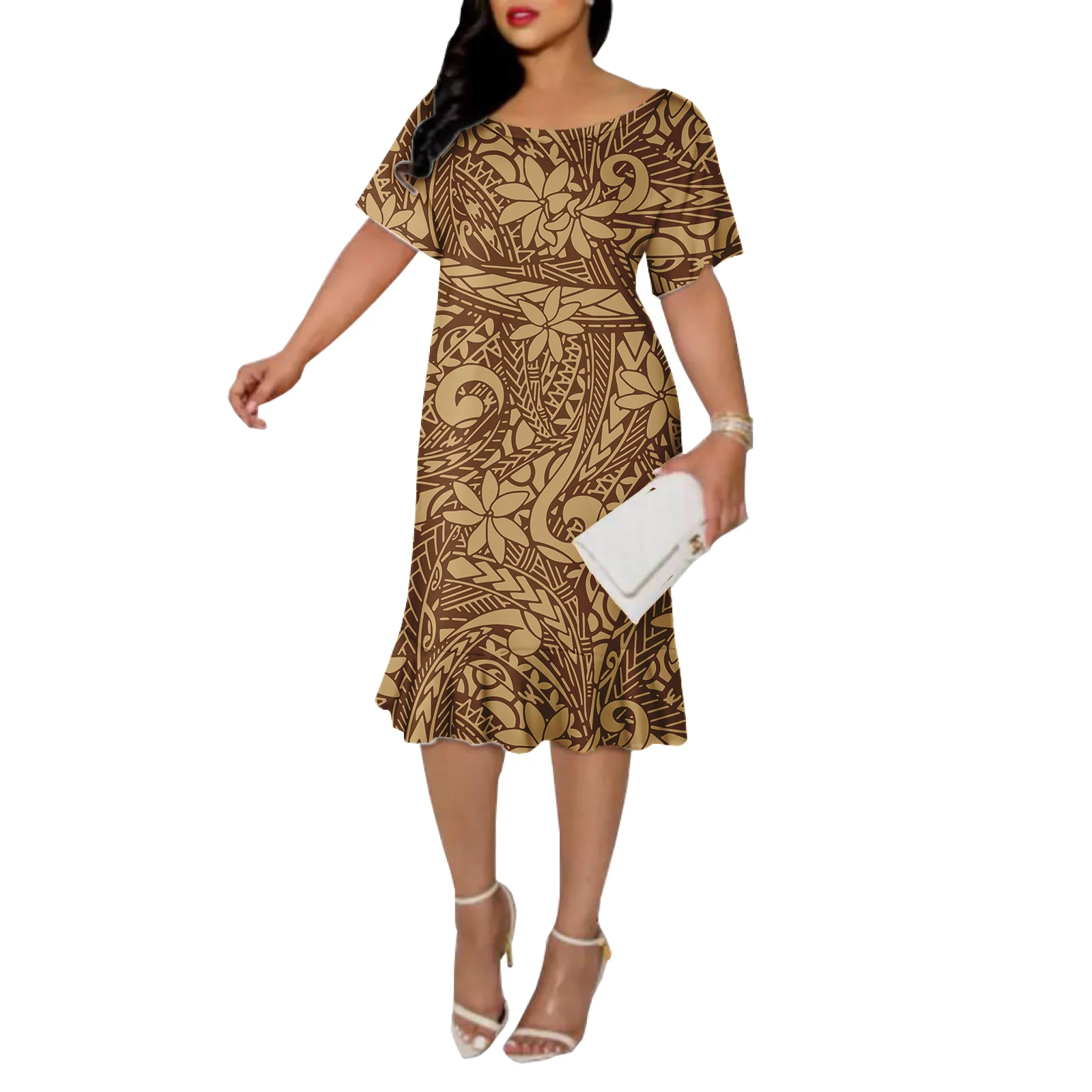 Polynesian island dresses Hawaiin Flowers Pattern Short Sleeve Short Dress  Ladies Fashion Dresses Plus Size