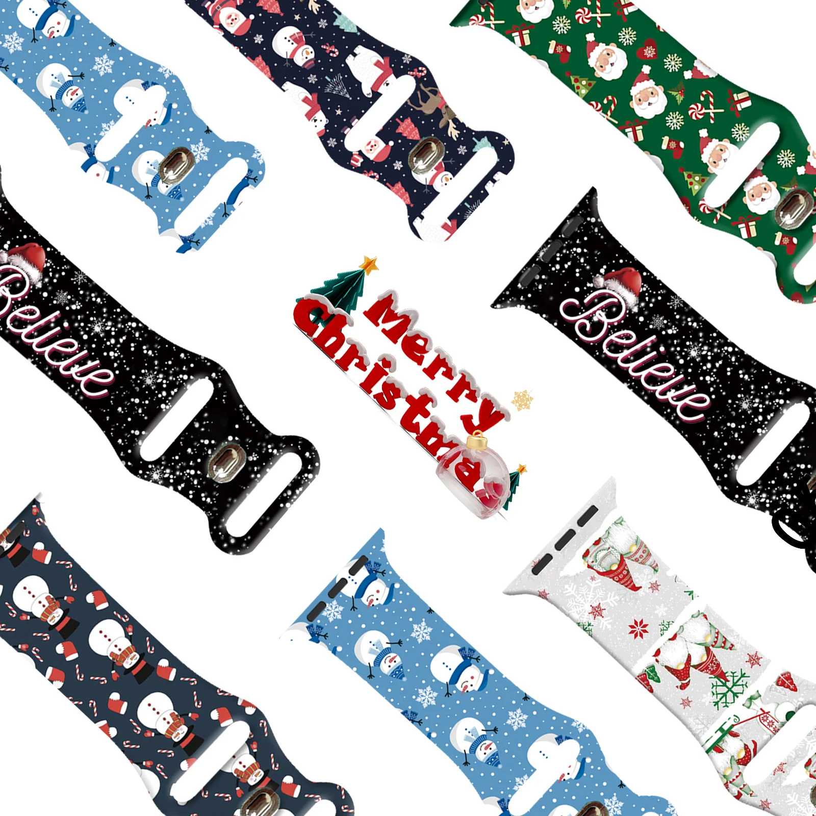 Colorful Christmas Print Series Watchband for Apple Watch 11/10/9/8/SE, Soft Waterproof Replacement Silicone Band 45mm/44mm/42mm