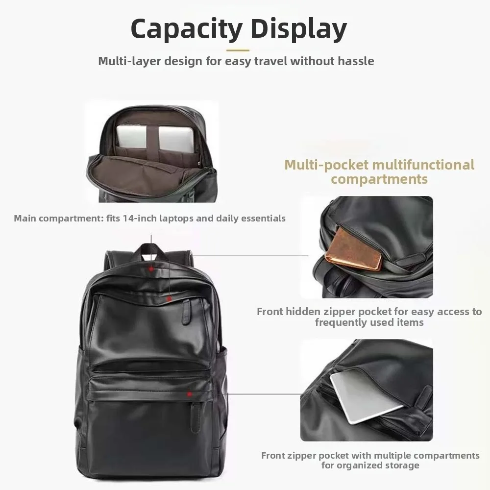 

PVC Leather Backpack Men Padded Shoulder Strap Hidden Zipper Pocket Laptop School Bag Water Resistant Dual Side Slot