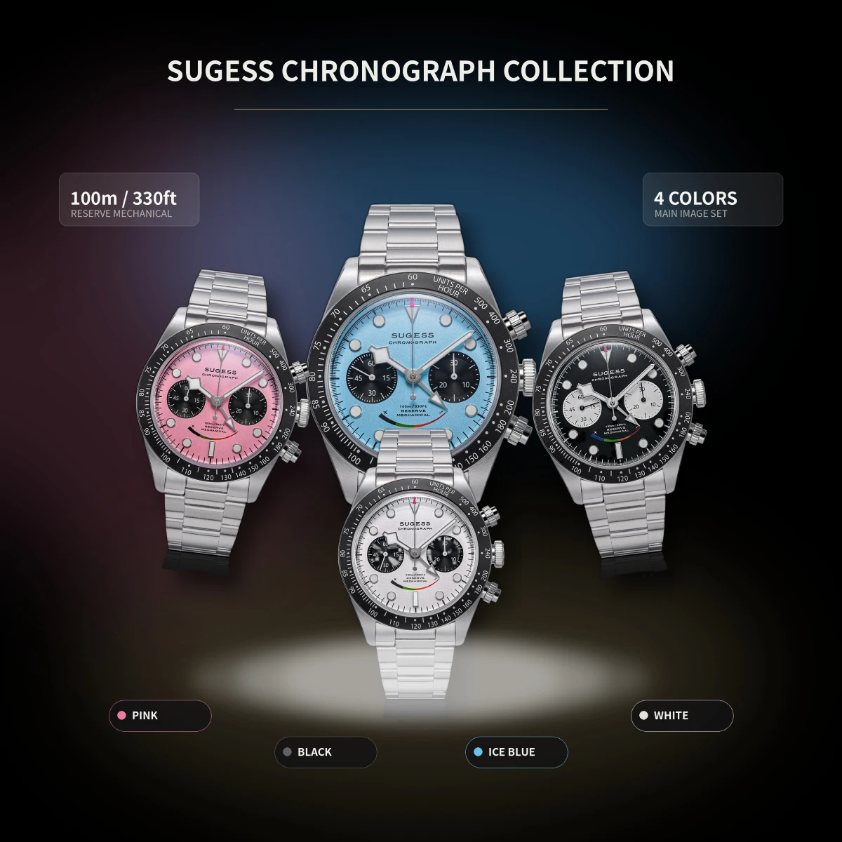 Sugess Chronograph Men Watch ST1907 Swanneck Pilot Mechanical Wristwatches Domed Sapphire Crystal Power-Reserved Dopamine S475