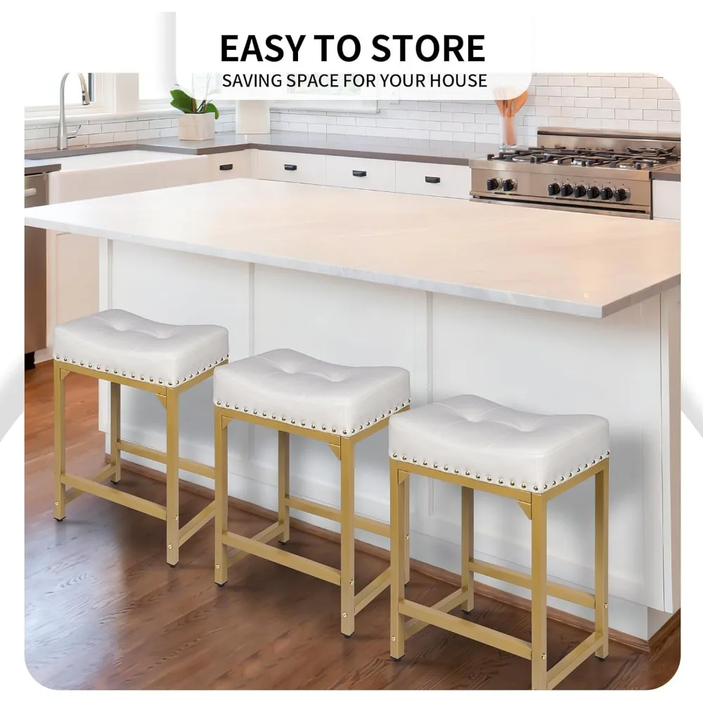 Bar Stools Set para Kitchen Island, Branco e Dourado, Moderno, Contra Altura, Sem Costas, 24 polegadas