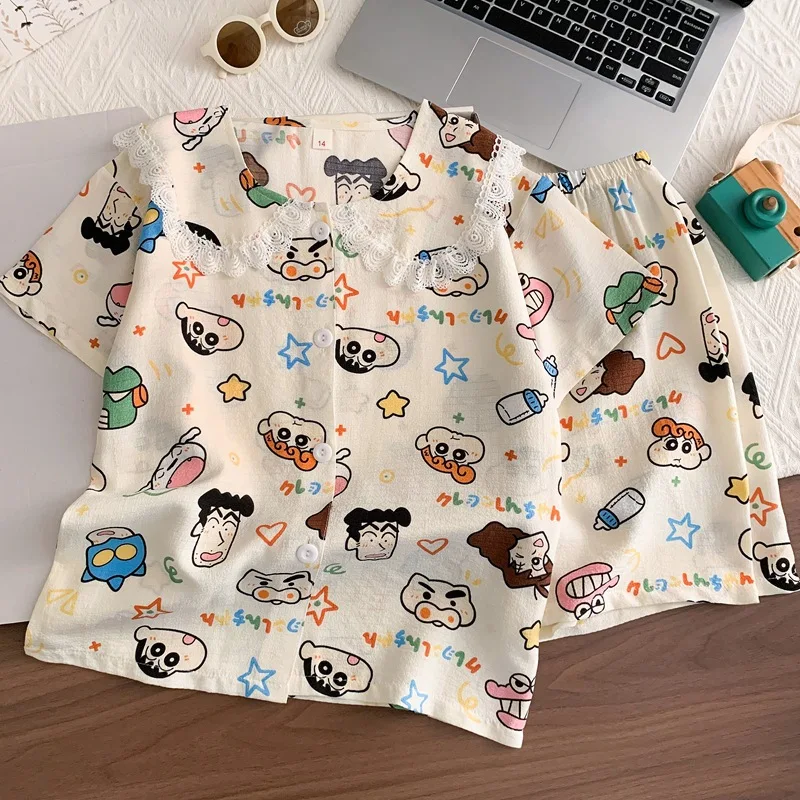 Summer Crayon Shin-Chan Children's Pajamas Set Cartoon Thin Peter Pan Collar Short Sleeve Shorts Girls Boy Anime Kawaii Homewear