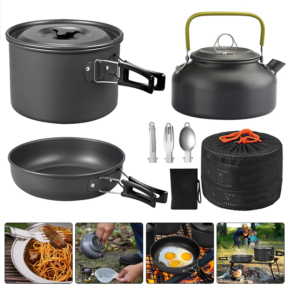 9-teiliges Camping-Kochgeschirr-Set, Outdoor-Bratpfanne, tragbarer Topf, Kessel, faltbares Reisegeschirr, Küchenutensilien für Wandern, Picknick, Grillen