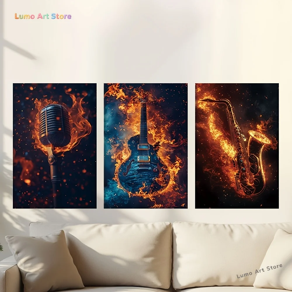 3pcs/Set, Canvas Painting--Unframed, The Fire Burned Microphones, Guitars And Saxophones, Artist'S Drawing, Library
