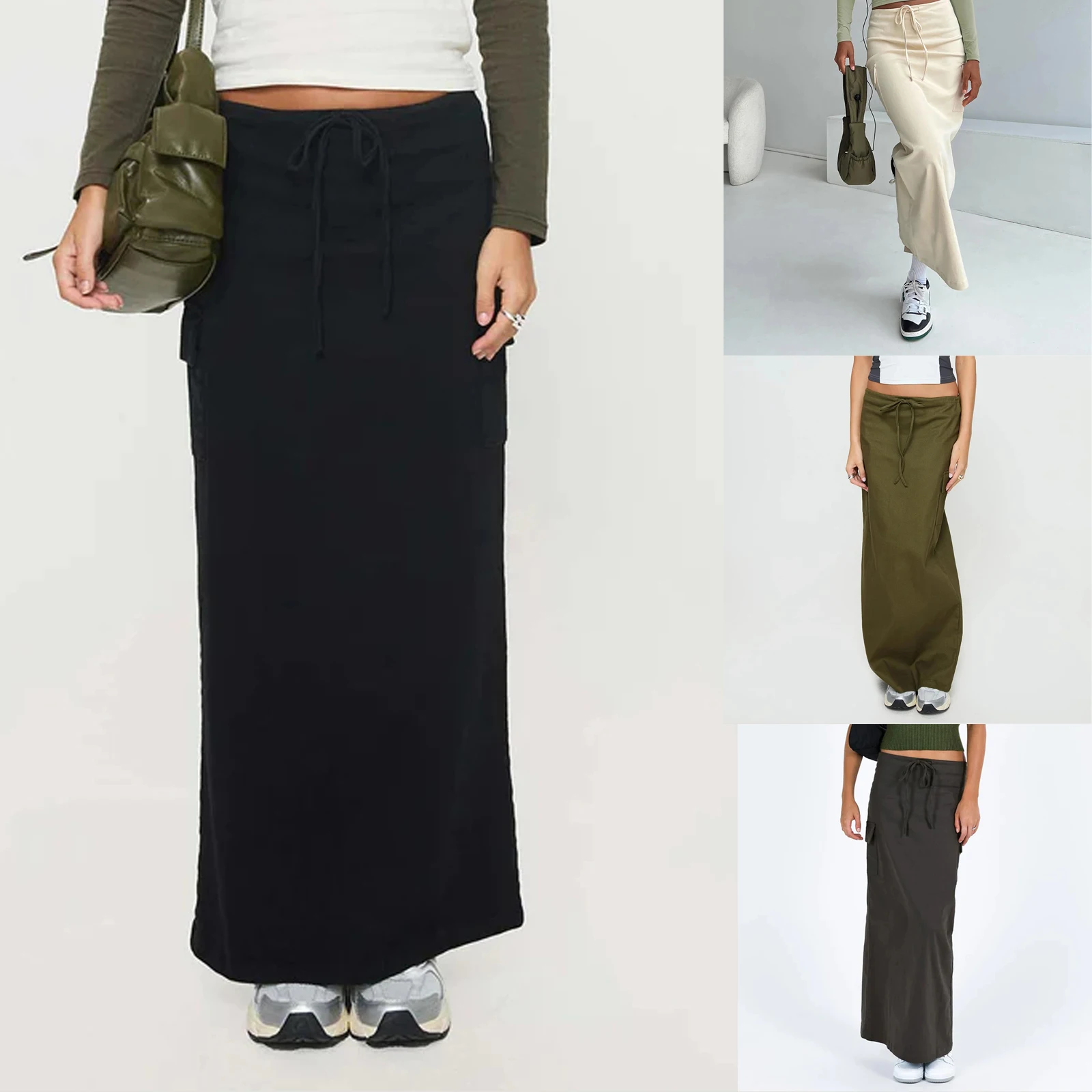 

Summer Women Cargo Long Skirt Casual Solid Color Drawstring Split Long Skirt with Pockets for Beach Vacation Club Streetwear