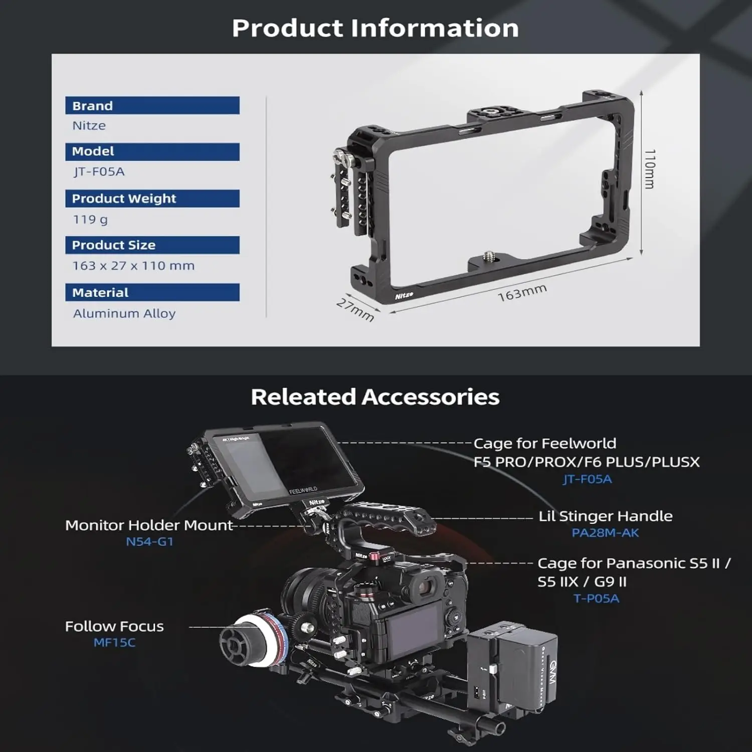 Nitze JT-F05A Monitor Cage, with HDMI Cable Clamp 1/4” locating Holes, Compatible with Feelworld F6 PLUSX F6 Plus F5 PRO F5 Prox