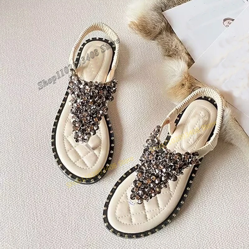 White Color Crystal Decor Flip Flops Sandals Elastic Band Flat with Slip on Women Shoes 2023 Fashion Concise Zapatos Para Mujere