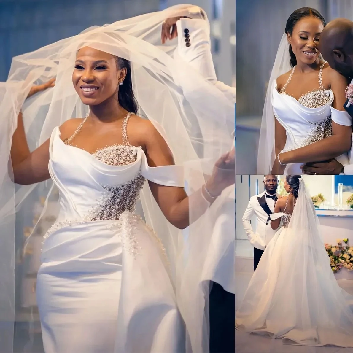 

2025 Luxury Mermaid African Wedding Dress Detachable Overskirts Sheer Neck Pearls Satin Church Bridal Gowns Vestidos De Noiva