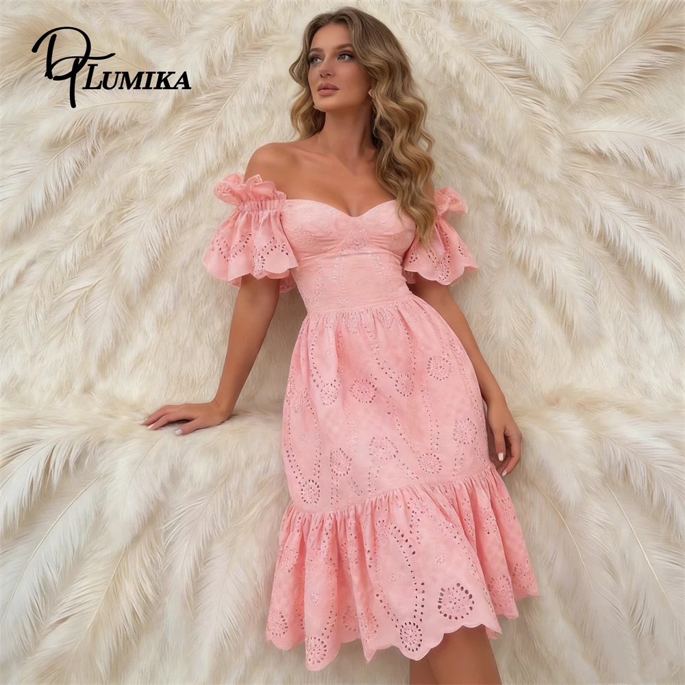 

Bohemian Off-the-Shoulder Midi Dress Eyelet Embroidery Ruffle Hem Formal Date Night Brunch Romantic Chic Outfit