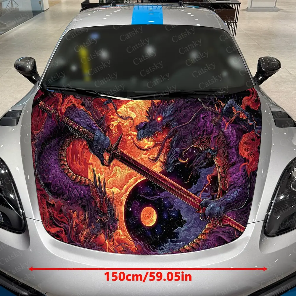 Crimson Moon Dragon Dance Katana Car Vinyl Wrap, PVC Waterproof Car Hood Sticker, Self-Adhesive Scratch-Resistant Stickers