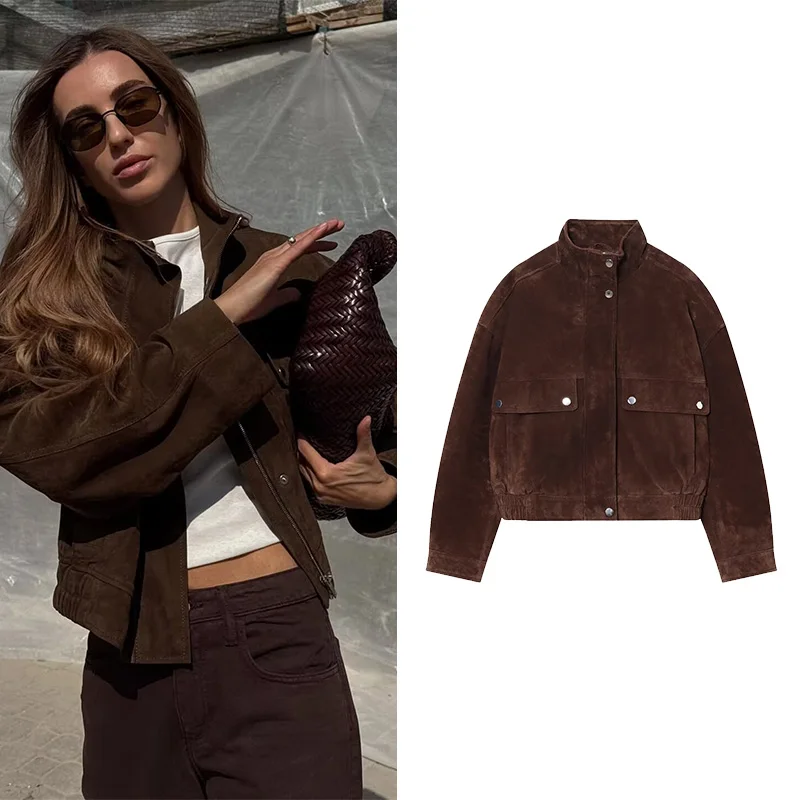 

HipSeam Осенняя женская куртка с карманами, высокий воротник, длинный рукав, замшевая кожаная женская куртка, женские пальто, повседневные женские шикарные топы