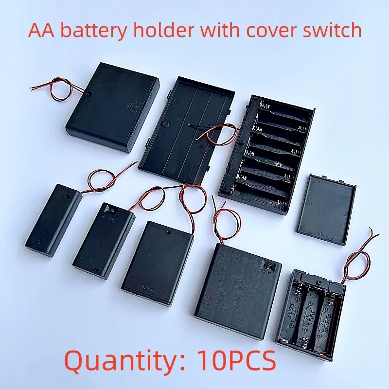 10PCS 1/2/3/4/6/8X AA Battery Holder Battery Box With Cover Black And Red Wire And Switch Solderless Series Battery Compartment