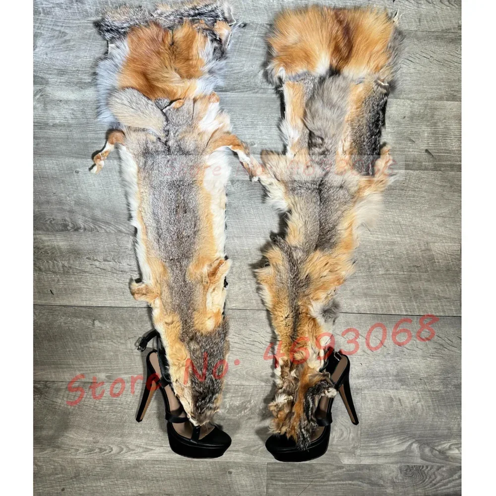 Real Fur Wrap Cross Tied Platform Sandals Women Luxury Open Toe Furry High Heels Long Shoes Ladies Sexy Colored Puttee Sandals view 6