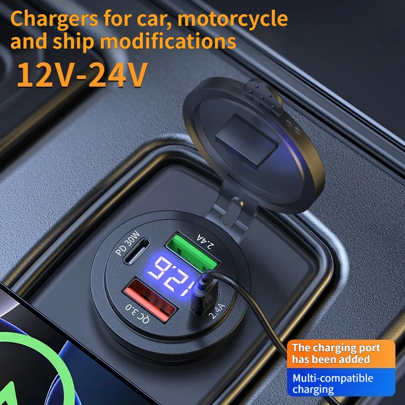 1 Stück Dual PD Dual QC 3.0 USB-Autoladegerät mit Voltmeter-Steckdose Wasserdichter Stromadapter für 12V/24V Motorrad Auto Boot