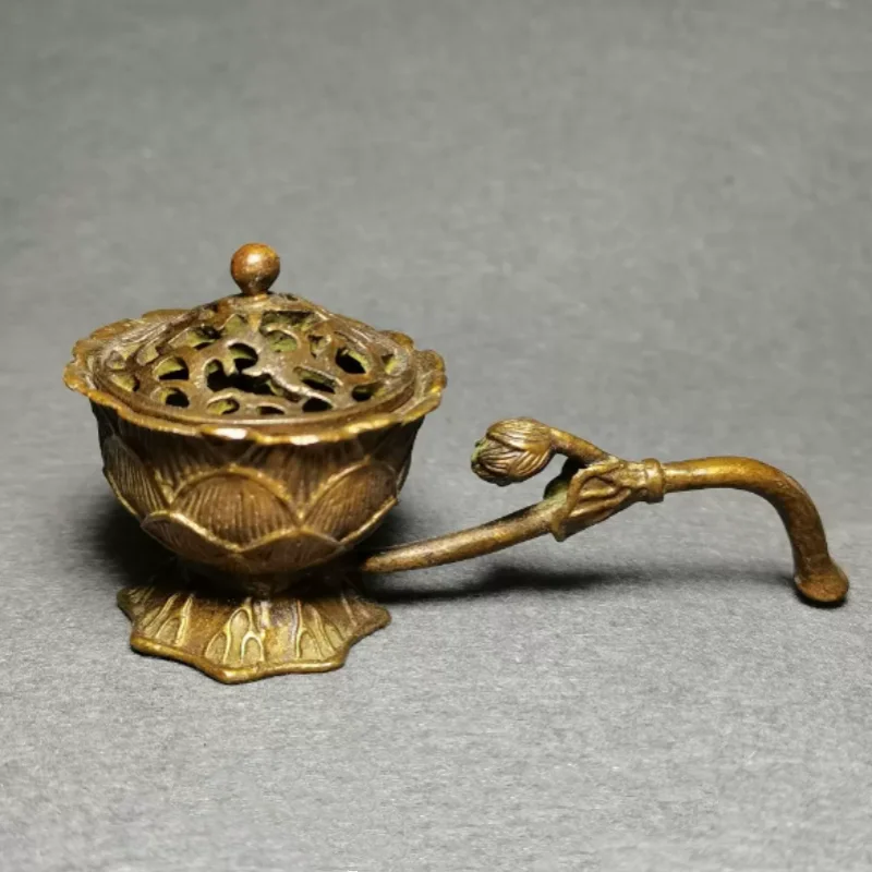 Antique Copper Collection Handheld Lotus Incense Burner Ornament Vintage Creative Crafts Home Desktop Zen Decorations