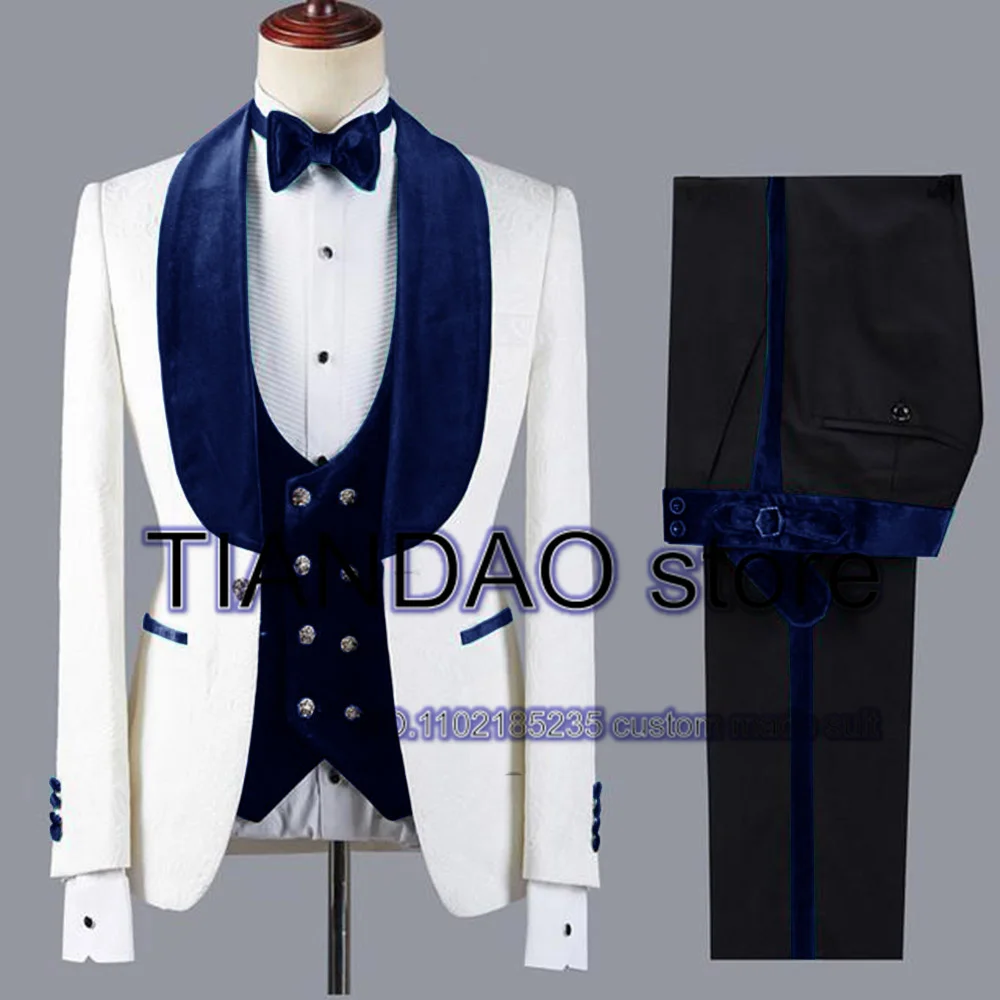 Formal Velvet Men\'s Suit 3 Piece Shawl Collar Blazer Pants Vest Groom Wedding Tuxedo Groomsman Jacket Set