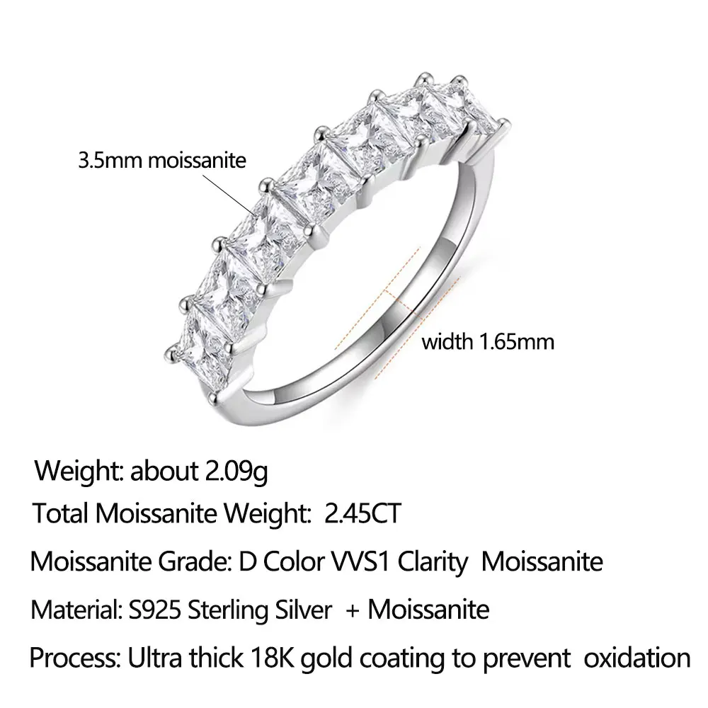 Pretty Beauty Moissanite Wedding Band for Women 925 Silver Half Eternity 7Pcs Princess Cut Diamond Ring Anniversary Jewelry Gift