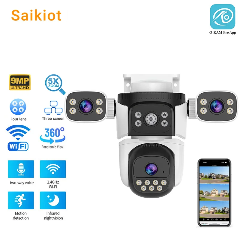 Saikiot O-KAM Pro PTZ Camera 9MP 4 Lens 3 Screen WiFi CCTV Security Auto Tracking Color Vision Home Surveillance Camera System