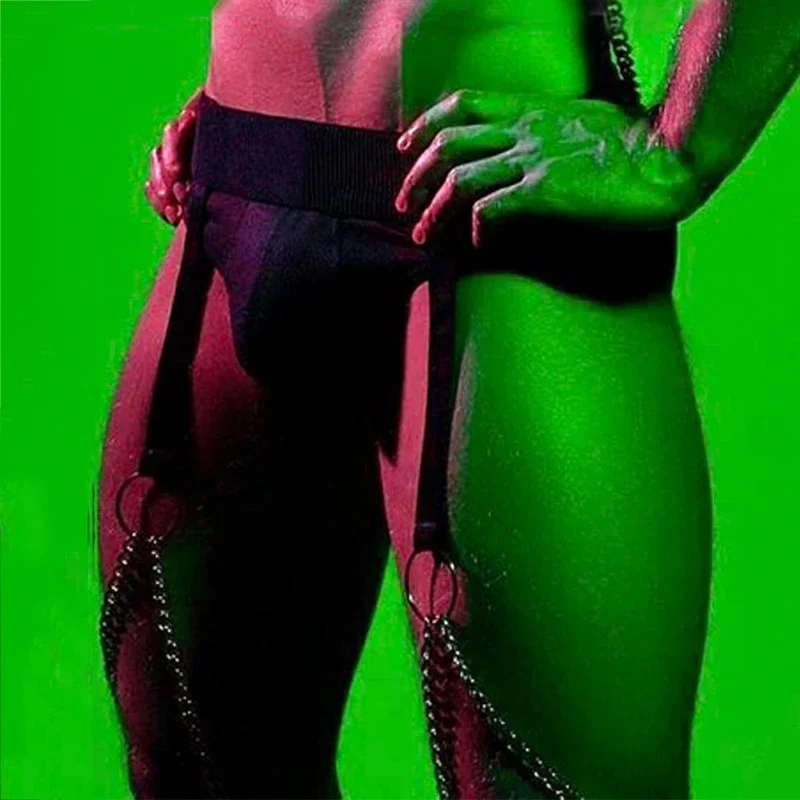 ナイトクラブ DJ ゴーゴー衣装セクシーな中空ストラップ脚セット黒胸チェーン弾性包帯バーニングマンステージアクセサリー XS3140