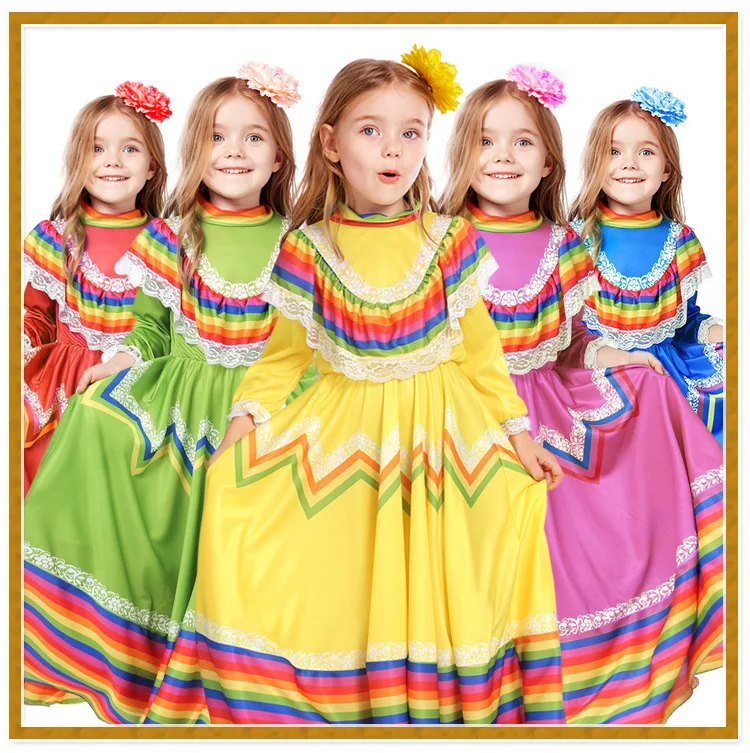 IOOTIANY Traditionelles mexikanisches Volkstanzkostüm für Kinder, Cosplay im mexikanischen Stil, langes Bühnenkostüm 2026 – Detail 2