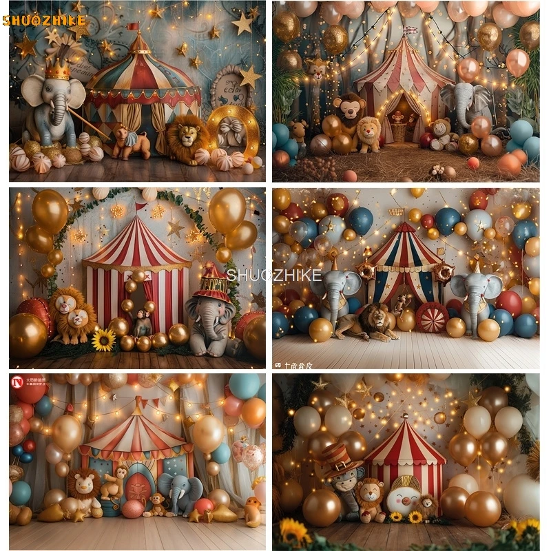 

Circus Tent With Striped Canopy Popcorn Photography Backdrops Balloons Birthday Party Decor Animal Photo Studio Background SD-03