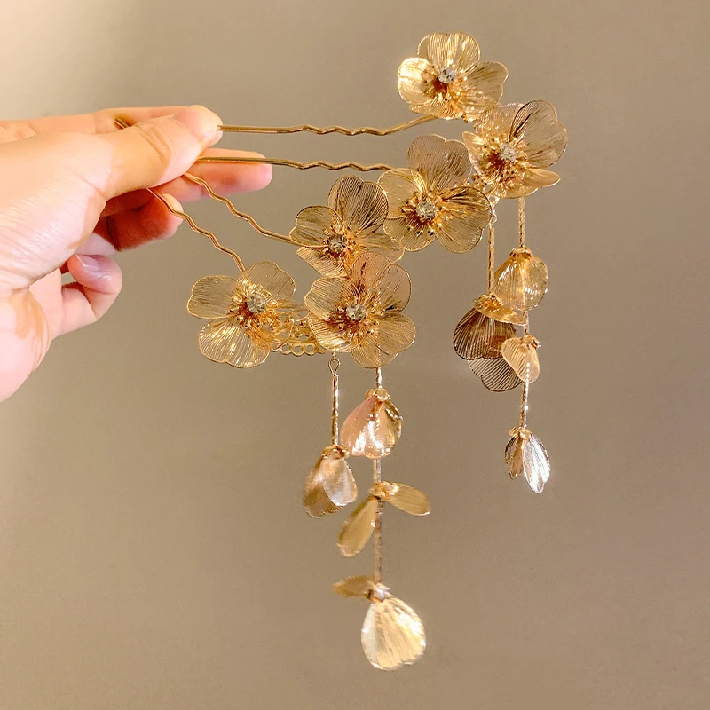 New Chinese style golden flower fringed hairpin female u-shaped disc hairpin antique high-end hairpin