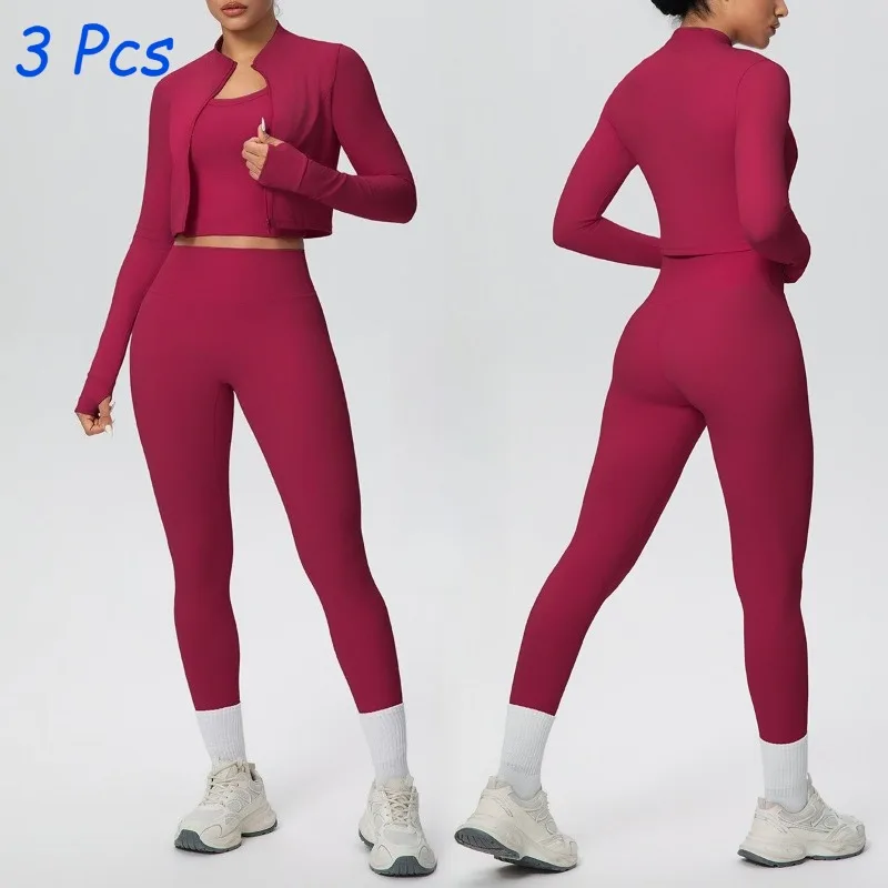 

3 Pcs Women's Yoga Set Sports Fitness Gym Workout Suit Jacket Long Pants Bra Casual Quick Drying Breathable 3-piece Set