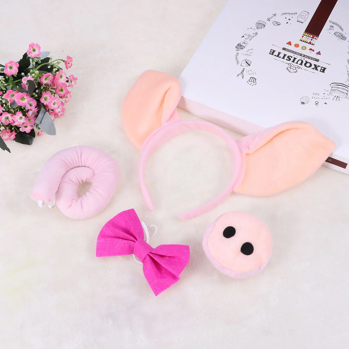 4 pezzi set di fasce per maiali orecchie naso coda papillon accessori per costumi per feste in maschera di Halloween gioco di abbigliamento tessuto premium