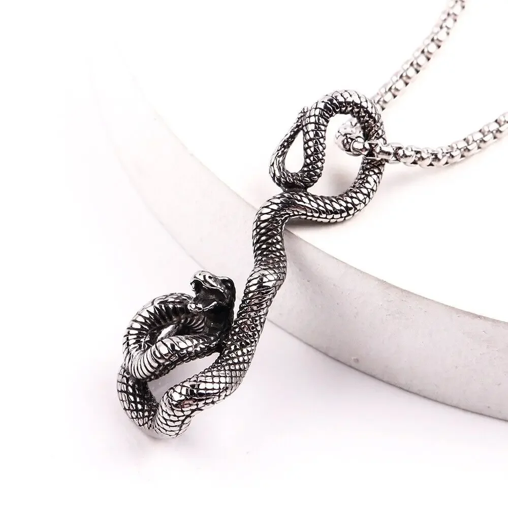 CHUANGCHENG Men's Vintage Zodiac Serpent Snake Pendant Stainless Steel Men Necklace Chain