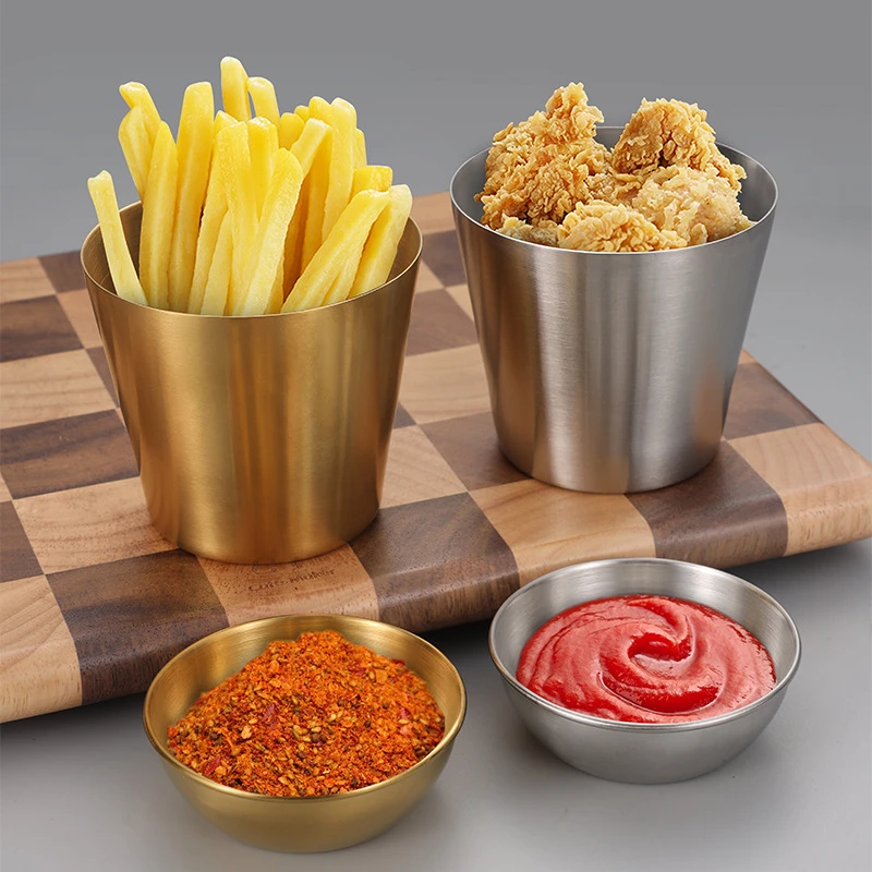 Stainless Steel Kitchen Dipping Sauce Bowl Golden Silver Ketchup French Fries Cup Seasoning Dish Hotpot Condiment Tray Tableware