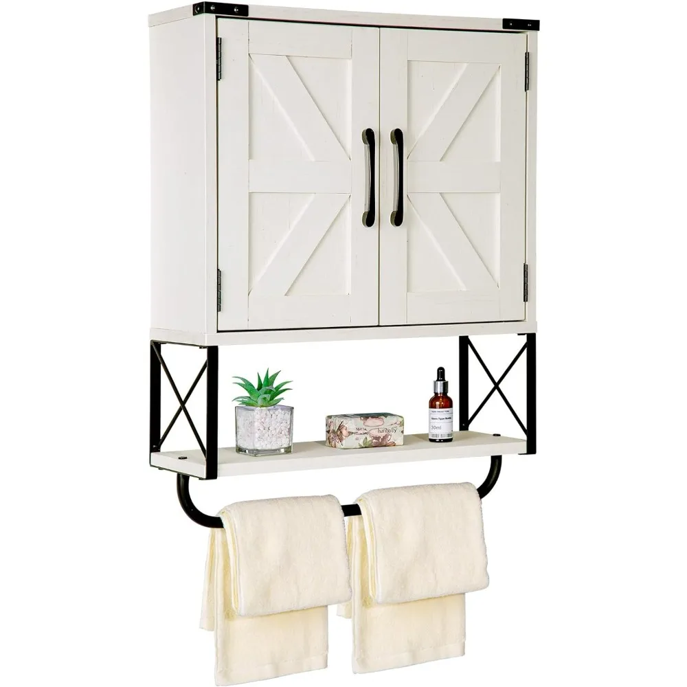 

3-Tier Bathroom Cabinet with 2 Doors, Wood Wall Mounted Storage Cabinet with Adjustable Shelf & Towel Bar, Vintage White, Medium
