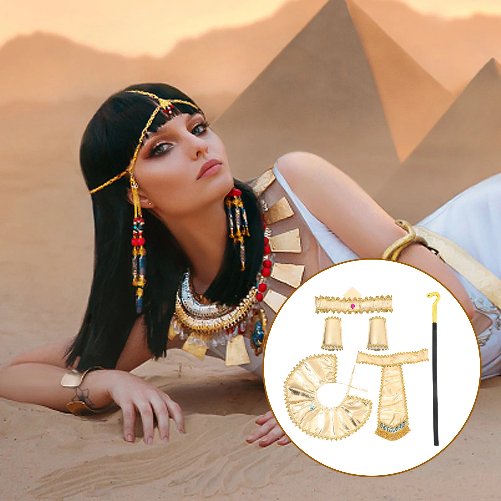 

Pharaoh Costume Set Imitated Performing Outfit Kit Adjustable Size Halloween Cosplay Egyptian Accessories Party Props