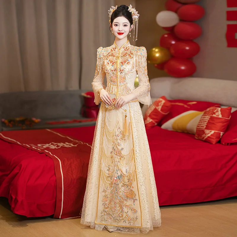 Modern Improved Chinese Traditional Couple Wedding Dress Embroidery Long Cheongsam Stylish Elegant Bride китайская одежда