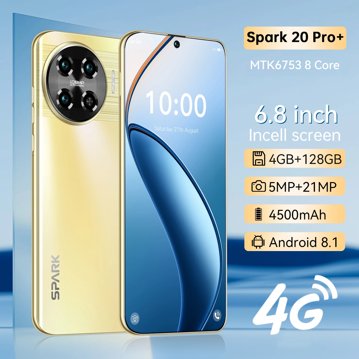 FUFFI-Spark 20 Pro+,Smartphone,6.8 inch,4+128GB ROM,Mobile phones Android,21MP Camera,Google Play store,4G Network,celulares