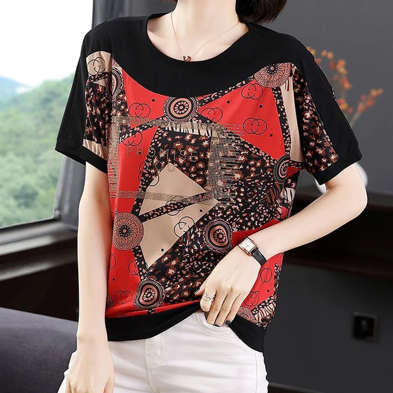 Summer New Thin Printing Loose T Shirt Tops Short Sleeve Round Neck All-match Pullovers Casual Fashion Women Clothing