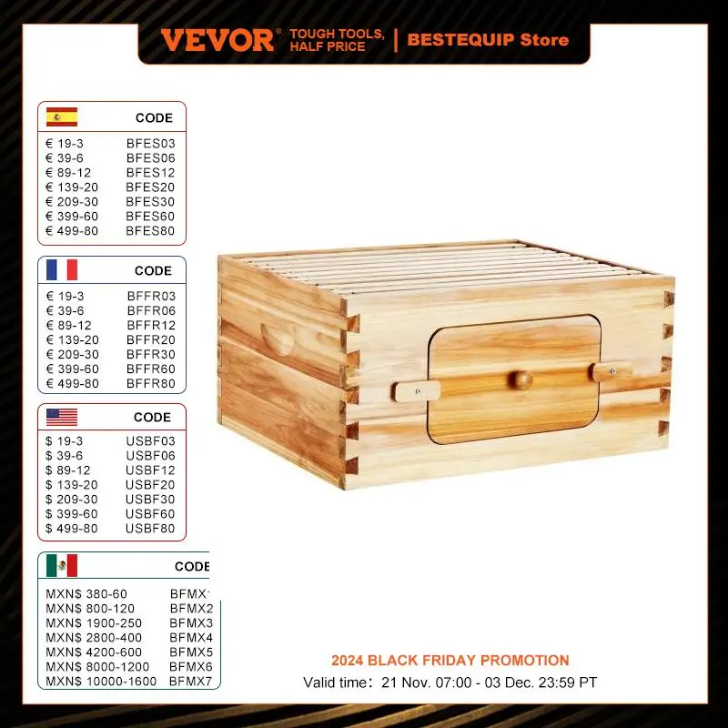 VEVOR Bee Hive Deep Box Starter Kit 100% Beeswax Coated Natural Cedar Wood Langstroth Beehive Kit with 10 Frames and Foundations